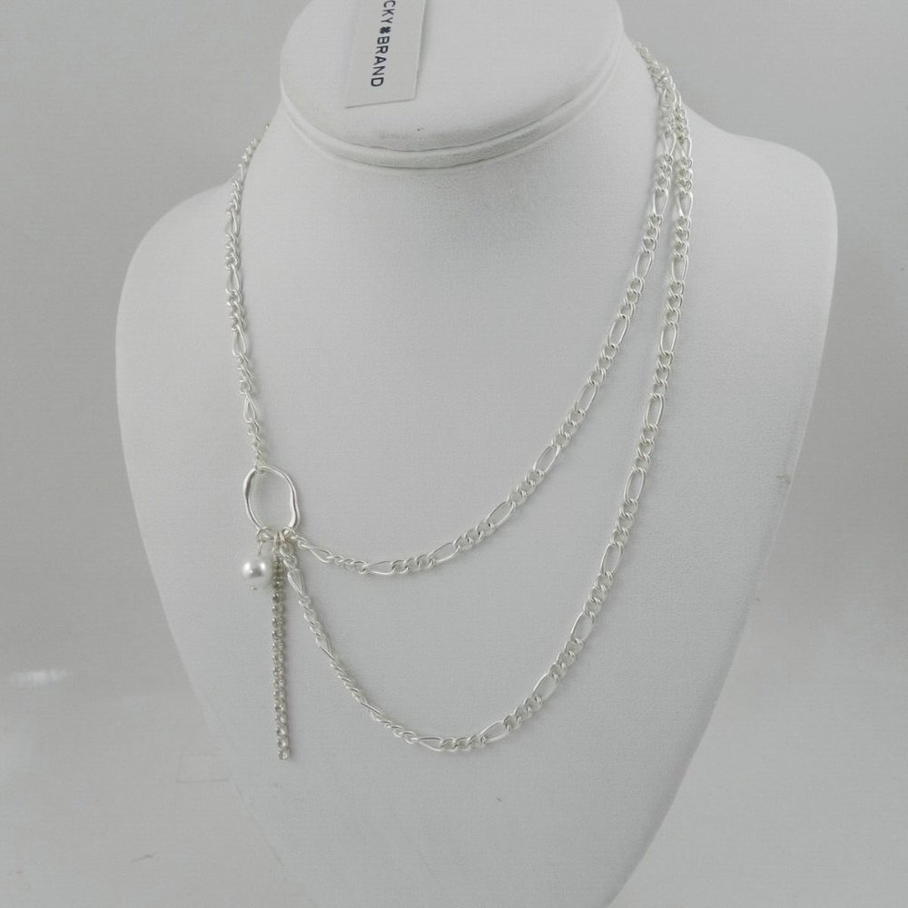 LUCKY BRAND Silver-Tone Crystal Chain & Imitation Pearl Asymmetrical Statement